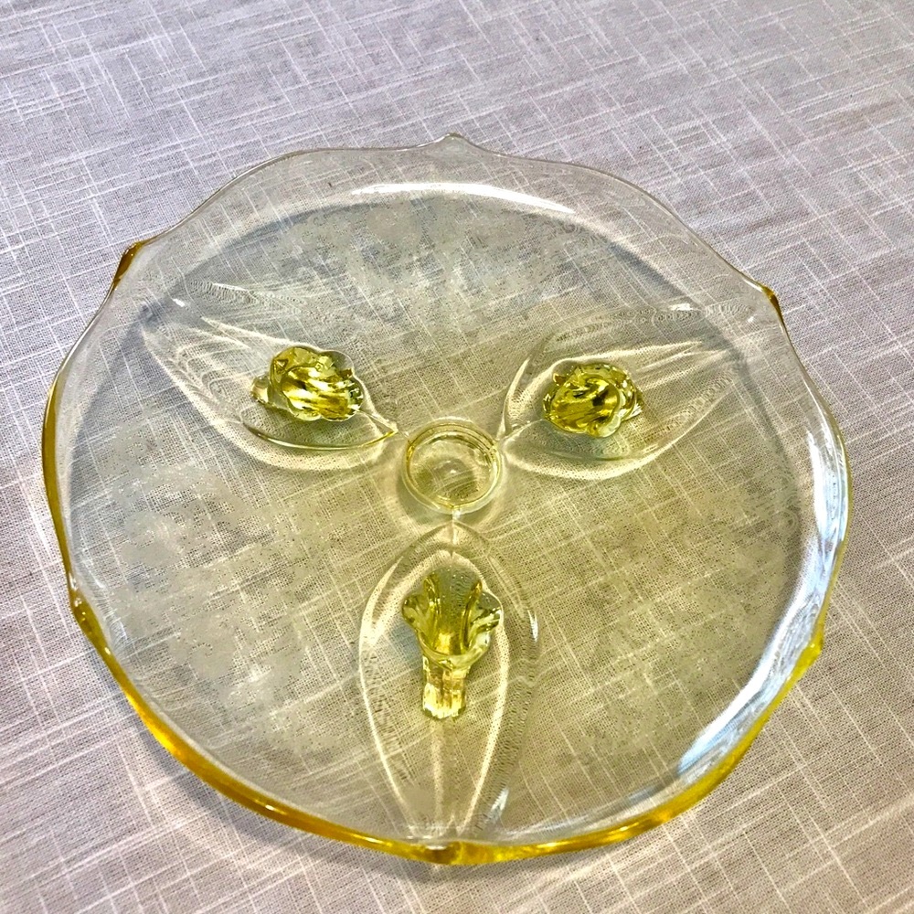Yellow Depression Glass Lancaster Phoenix 3 footed Dish